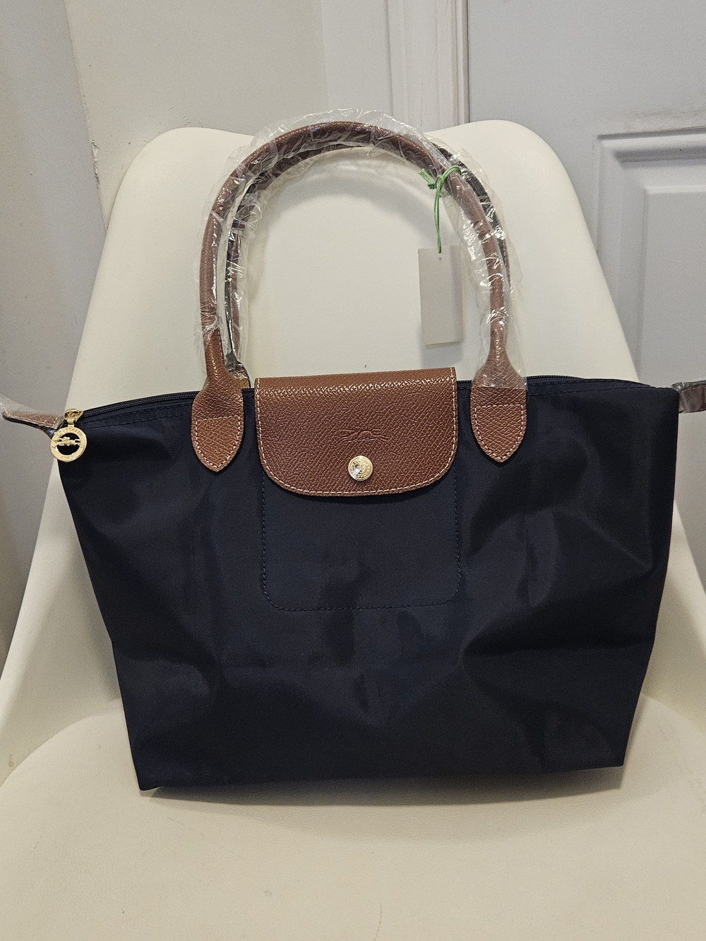 Longchamp Le Pliage Small Tote Bag - Navy with Brown Trim